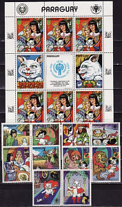 Парагвай, 1982, Год ребенка, Кот в Сапогах, Сказки, 5 марок с купонами, лист
